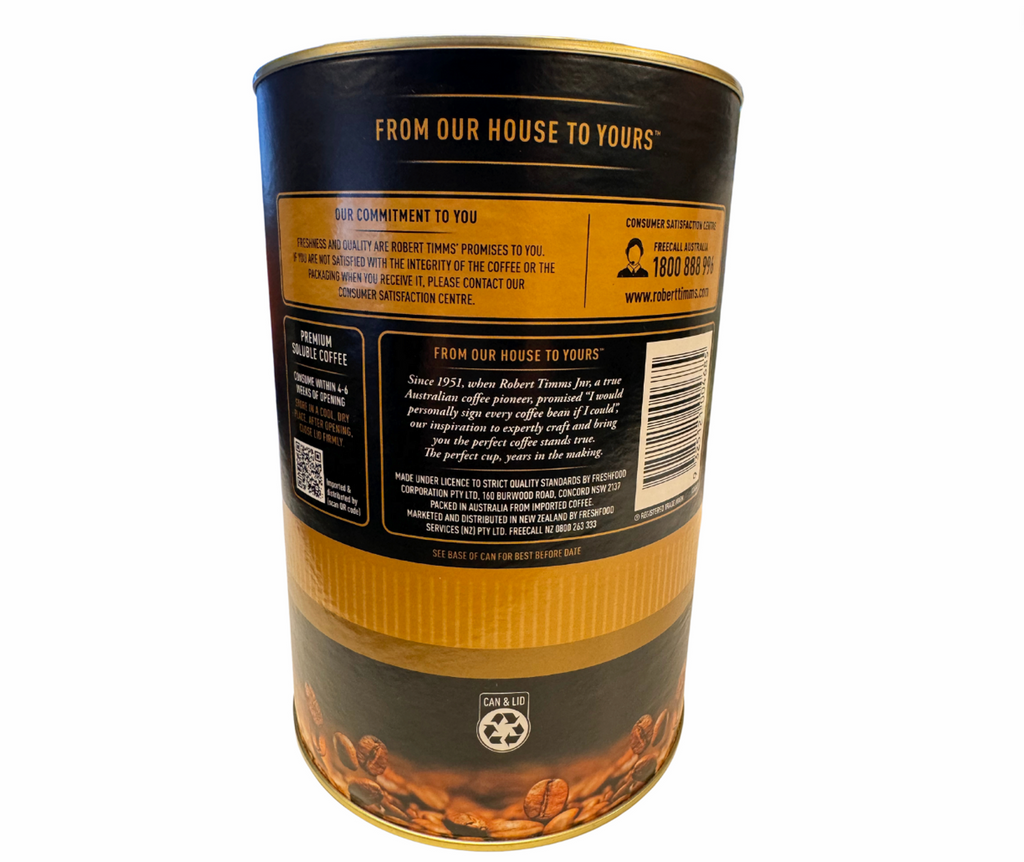 ROBERT TIMMS PREMIUM FREEZE DRIED COFFEE CAN 500G RICH AND SMOOTH